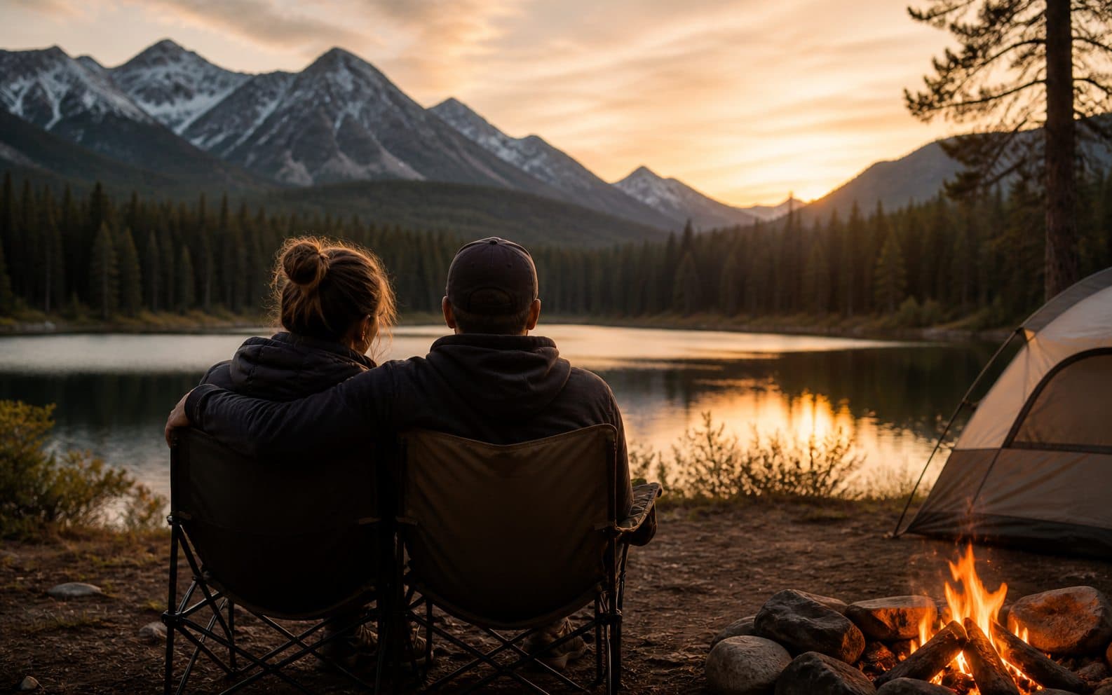 Two campers sitting together beside a mountain lake