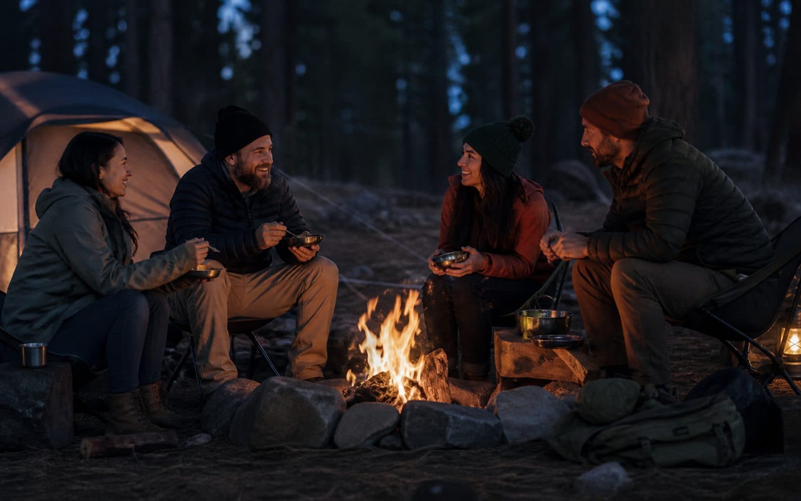 Friends sharing an evening around a campfire
