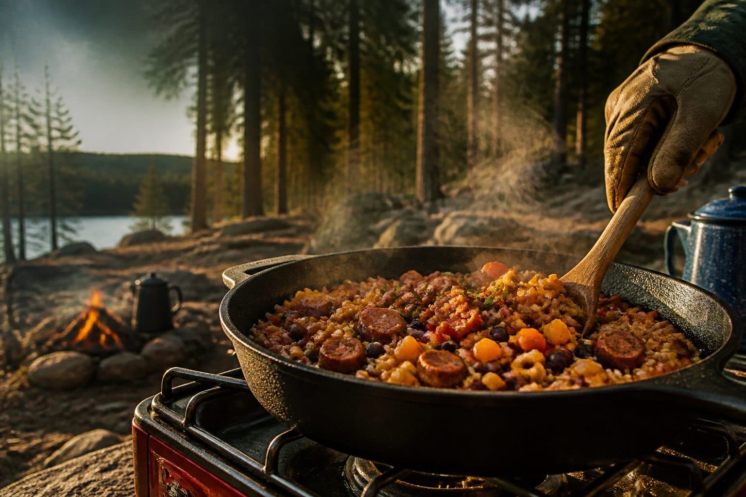 A meal cooking outdoors in a cast-iron pan